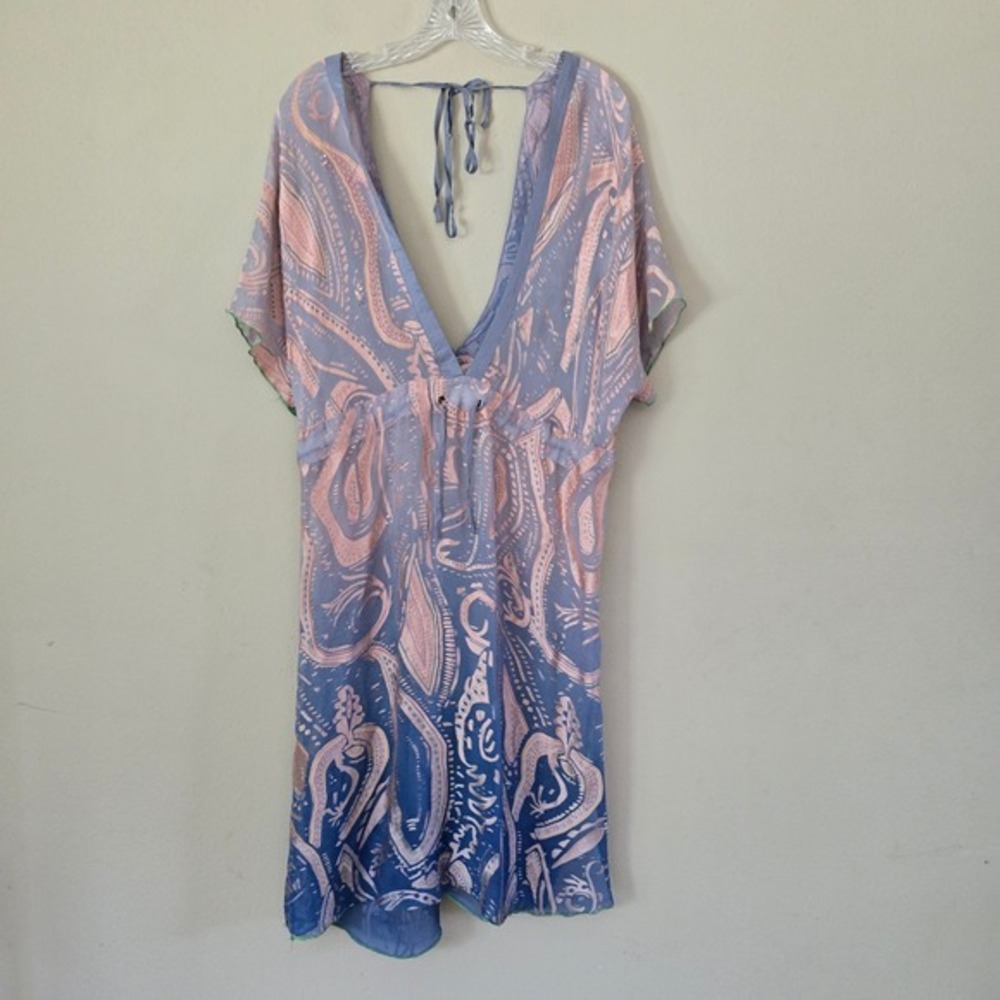 Rangoon Blue Peach Abstract Print Sequin Silk Chiffon Tunic Cover Up Dress
